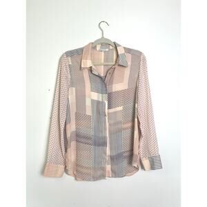 Rose + Olive Geometric Lightweight Patchwork Button-Up Blouse, Women's Size Med